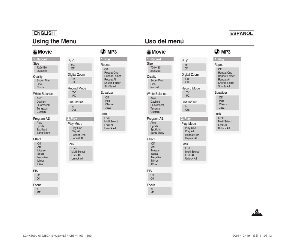 Using the menu, Uso del menú, Movie | English español | Samsung SC-X300L-XAA User Manual | Page 109 / 116