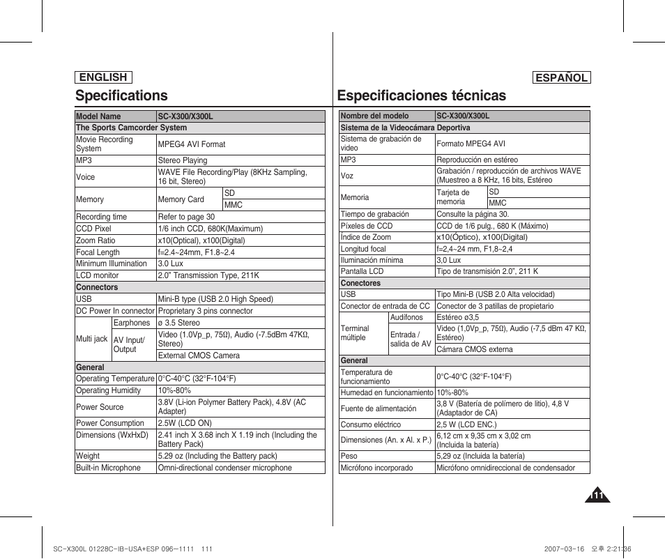 Specifications, Especificaciones técnicas | Samsung SC-X300L-XAA User Manual | Page 111 / 116