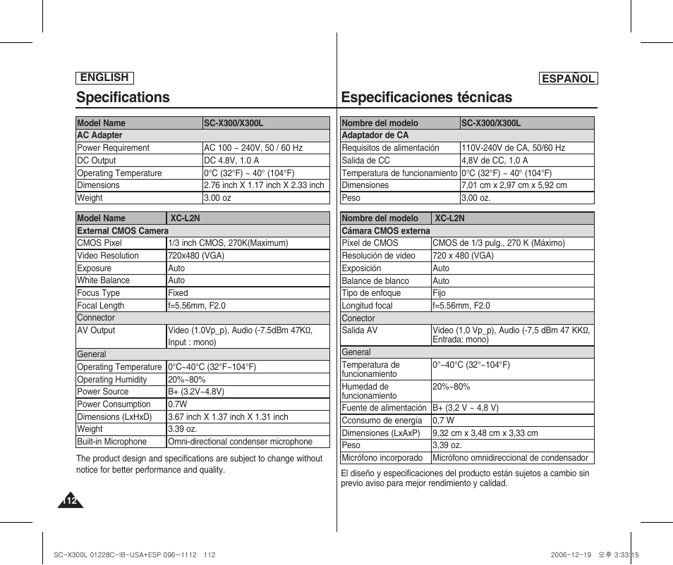 Specifications, Especificaciones técnicas | Samsung SC-X300L-XAA User Manual | Page 112 / 116