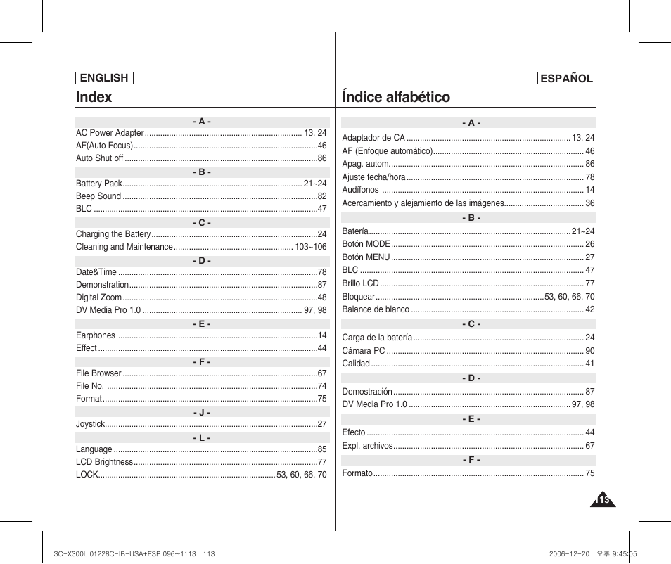 Index, Índice alfabético | Samsung SC-X300L-XAA User Manual | Page 113 / 116