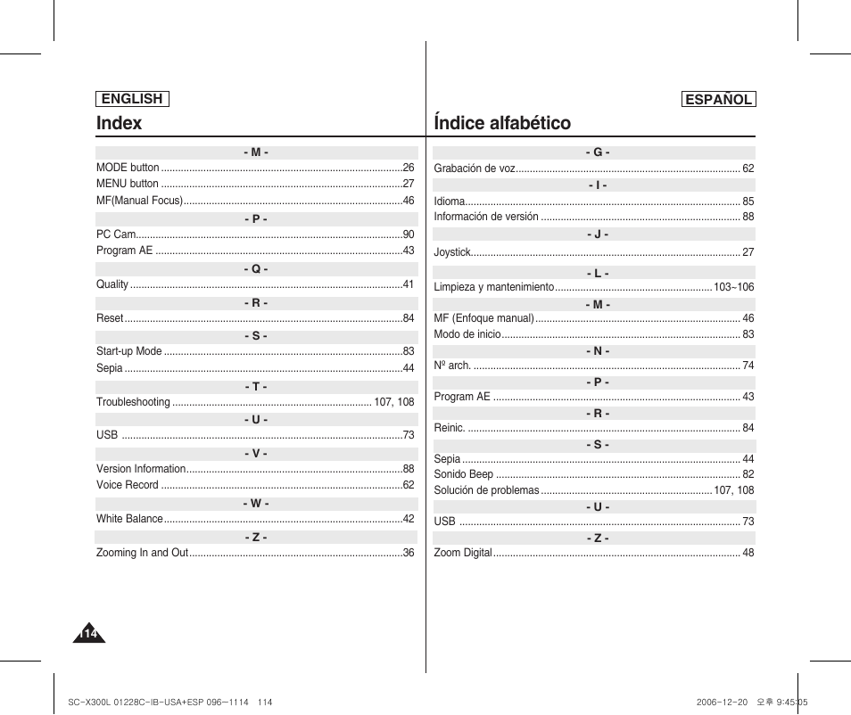 Index, Índice alfabético | Samsung SC-X300L-XAA User Manual | Page 114 / 116