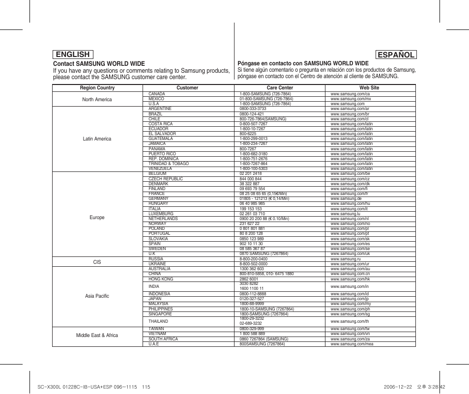 English español | Samsung SC-X300L-XAA User Manual | Page 115 / 116