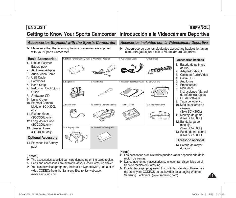 Getting to know your sports camcorder, Introducción a la videocámara deportiva | Samsung SC-X300L-XAA User Manual | Page 13 / 116