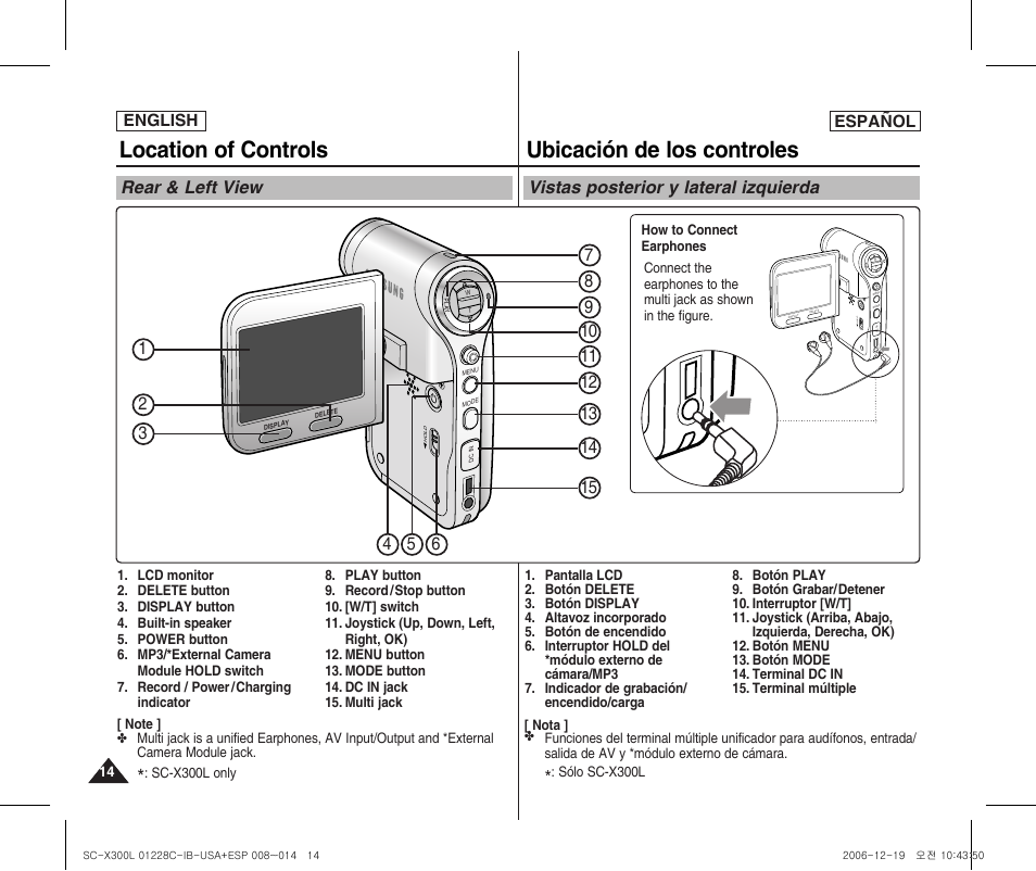 Location of controls, Ubicación de los controles, Rear & left view | Vistas posterior y lateral izquierda | Samsung SC-X300L-XAA User Manual | Page 14 / 116