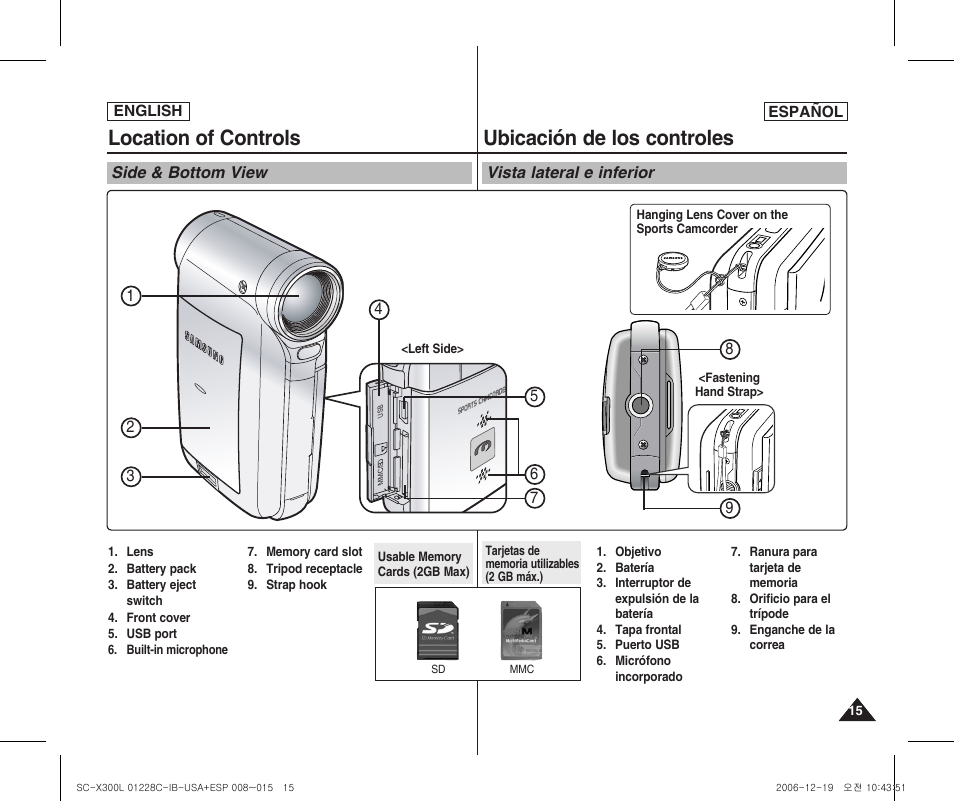 Location of controls, Ubicación de los controles | Samsung SC-X300L-XAA User Manual | Page 15 / 116