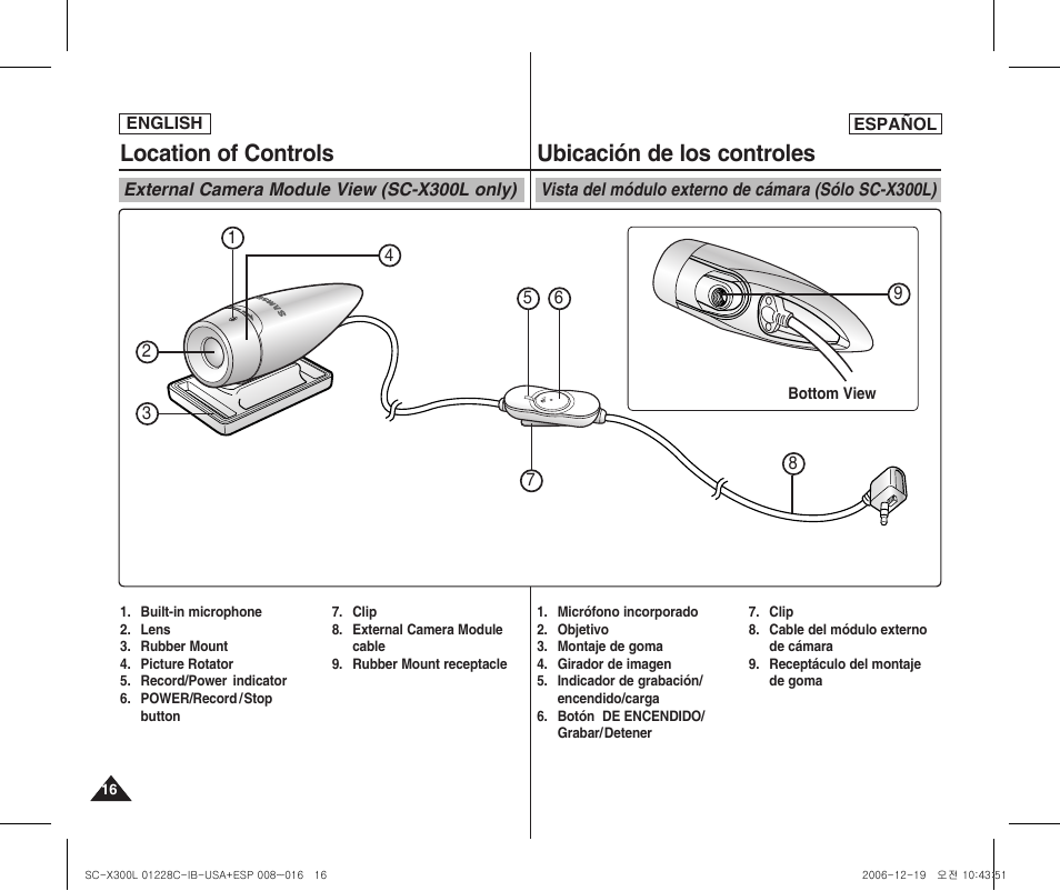 Location of controls, Ubicación de los controles | Samsung SC-X300L-XAA User Manual | Page 16 / 116