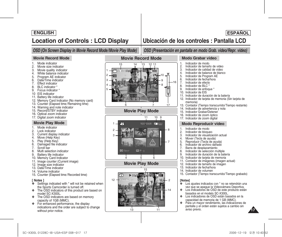 Location of controls : lcd display, Ubicación de los controles : pantalla lcd, English español | Movie play mode, Movie record mode, Movie record mode movie play mode, Modo grabar video modo reproducir video | Samsung SC-X300L-XAA User Manual | Page 17 / 116