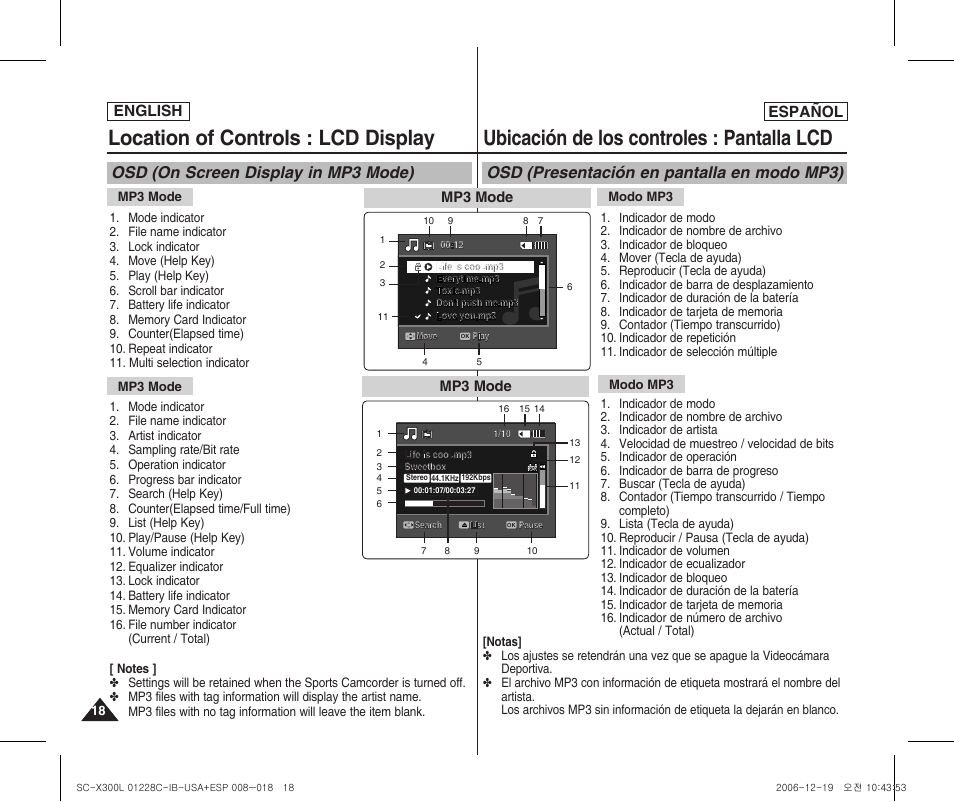 Location of controls : lcd display, Ubicación de los controles : pantalla lcd, Osd (on screen display in mp3 mode) | Osd (presentación en pantalla en modo mp3), English español | Samsung SC-X300L-XAA User Manual | Page 18 / 116