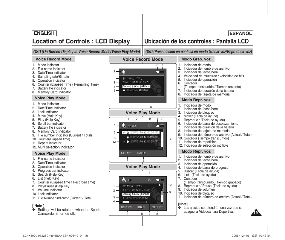 Location of controls : lcd display, Ubicación de los controles : pantalla lcd, English español | Voice record mode, Voice play mode | Samsung SC-X300L-XAA User Manual | Page 19 / 116