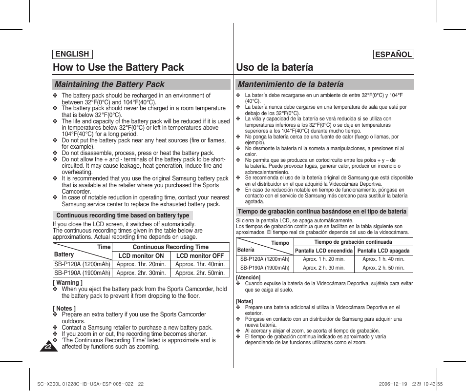 How to use the battery pack, Uso de la batería, Maintaining the battery pack | Mantenimiento de la batería | Samsung SC-X300L-XAA User Manual | Page 22 / 116