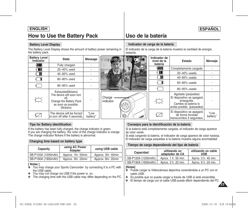 How to use the battery pack, Uso de la batería | Samsung SC-X300L-XAA User Manual | Page 23 / 116