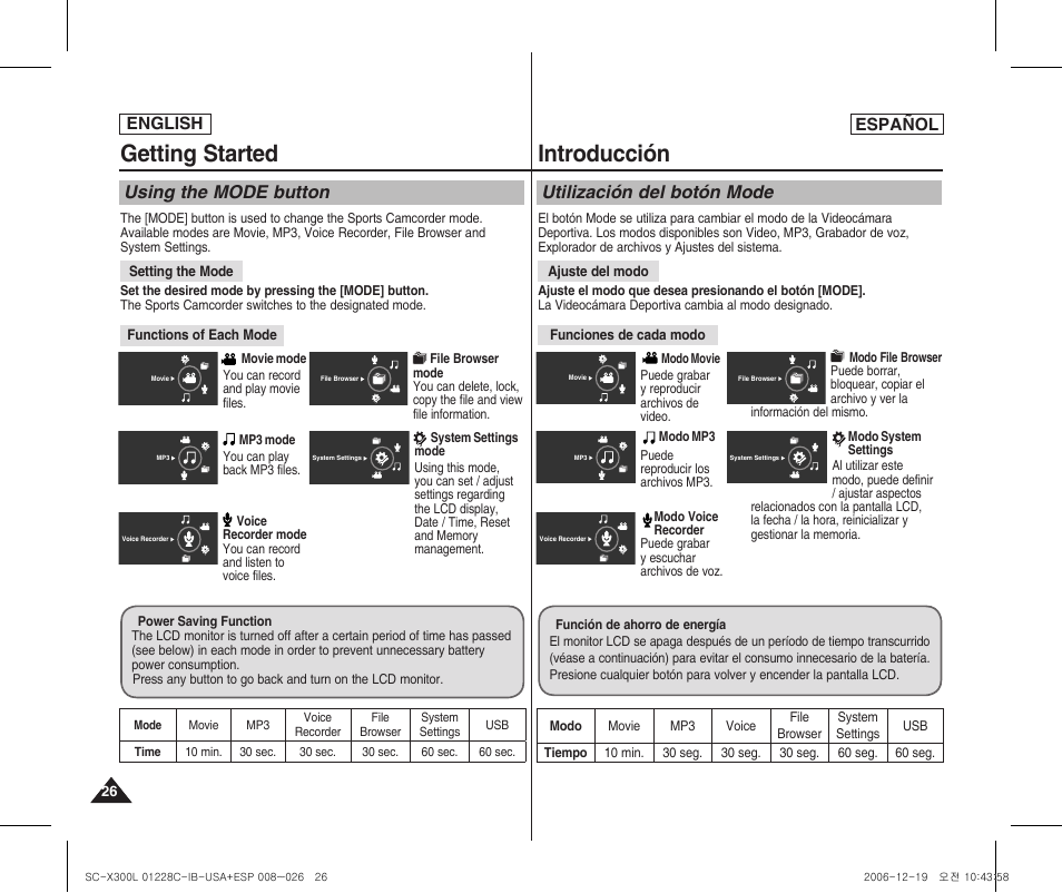 Getting started, Introducción, Using the mode button | Utilización del botón mode, English español | Samsung SC-X300L-XAA User Manual | Page 26 / 116