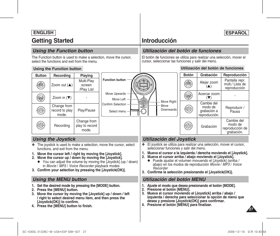 Getting started, Introducción | Samsung SC-X300L-XAA User Manual | Page 27 / 116