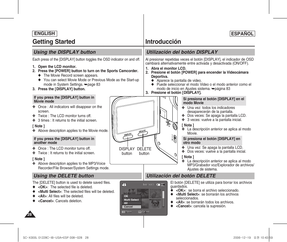 Getting started, Introducción, Using the display button using the delete button | Samsung SC-X300L-XAA User Manual | Page 28 / 116