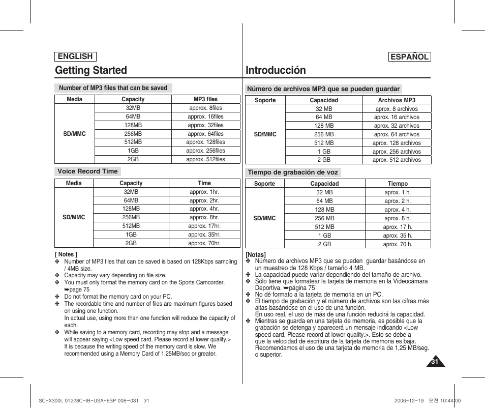 Getting started, Introducción | Samsung SC-X300L-XAA User Manual | Page 31 / 116