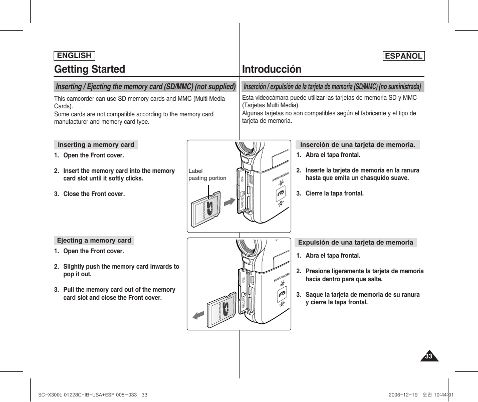 Getting started, Introducción, English español | 720i | Samsung SC-X300L-XAA User Manual | Page 33 / 116