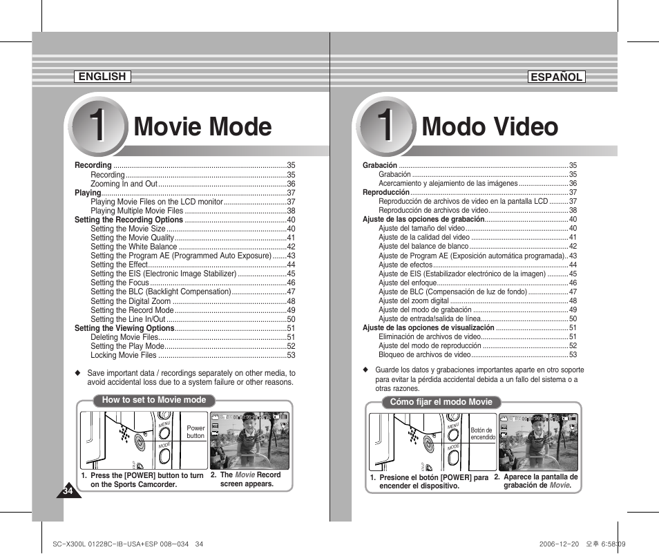 Movie mode, Modo video | Samsung SC-X300L-XAA User Manual | Page 34 / 116