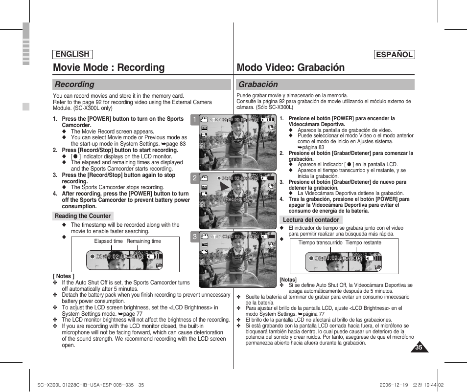 Movie mode : recording, Modo video: grabación, Recording | Grabación, English español, Reading the counter, Lectura del contador | Samsung SC-X300L-XAA User Manual | Page 35 / 116