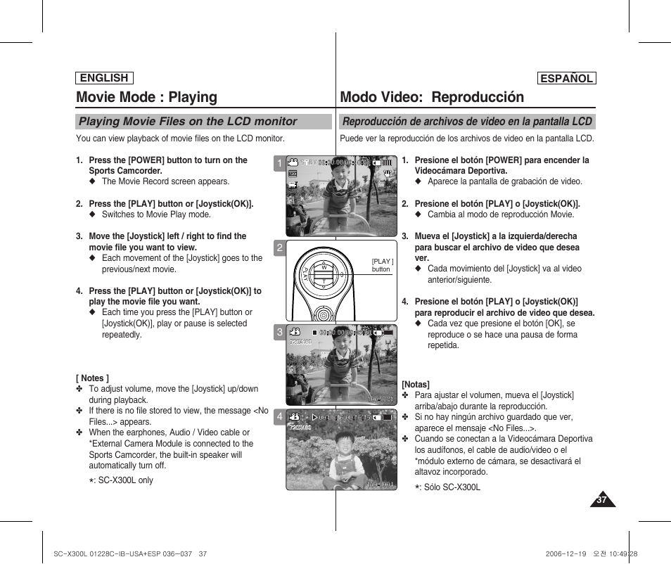 Movie mode : playing, Modo video: reproducción, Playing movie files on the lcd monitor | English español | Samsung SC-X300L-XAA User Manual | Page 37 / 116