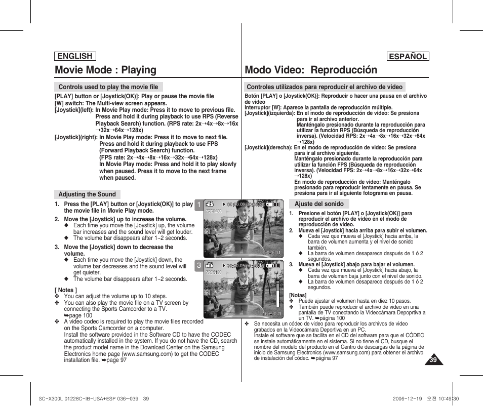 Movie mode : playing, Modo video: reproducción, English español | Samsung SC-X300L-XAA User Manual | Page 39 / 116