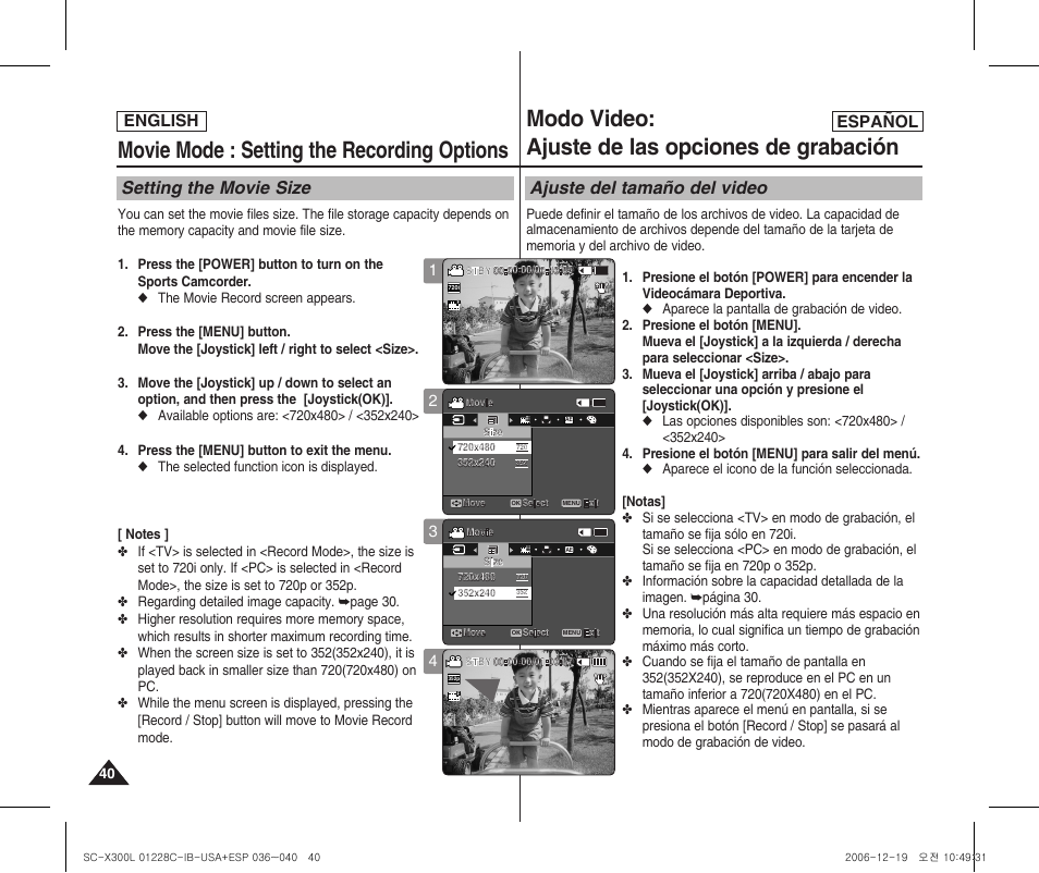 Movie mode : setting the recording options, Modo video: ajuste de las opciones de grabación, Setting the movie size | Ajuste del tamaño del video, English español | Samsung SC-X300L-XAA User Manual | Page 40 / 116