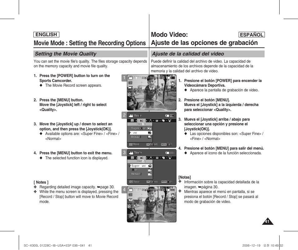 Movie mode : setting the recording options, Modo video: ajuste de las opciones de grabación, Setting the movie quality | Ajuste de la calidad del video, English español | Samsung SC-X300L-XAA User Manual | Page 41 / 116