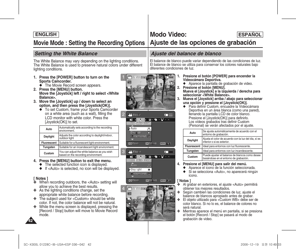 Movie mode : setting the recording options, Modo video: ajuste de las opciones de grabación, Setting the white balance | Ajuste del balance de blanco, English español | Samsung SC-X300L-XAA User Manual | Page 42 / 116