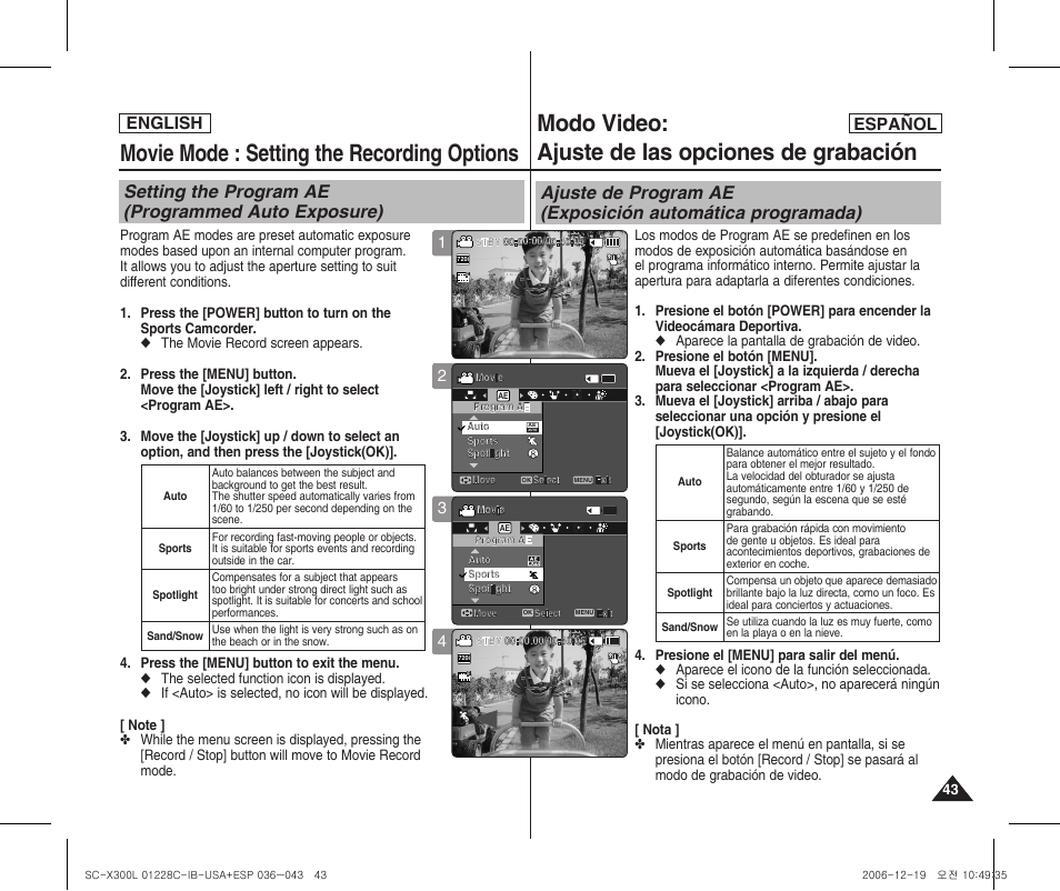 Movie mode : setting the recording options, Modo video: ajuste de las opciones de grabación, Setting the program ae (programmed auto exposure) | English español | Samsung SC-X300L-XAA User Manual | Page 43 / 116