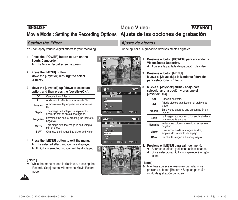 Movie mode : setting the recording options, Modo video: ajuste de las opciones de grabación, Setting the effect | Ajuste de efectos, English español | Samsung SC-X300L-XAA User Manual | Page 44 / 116