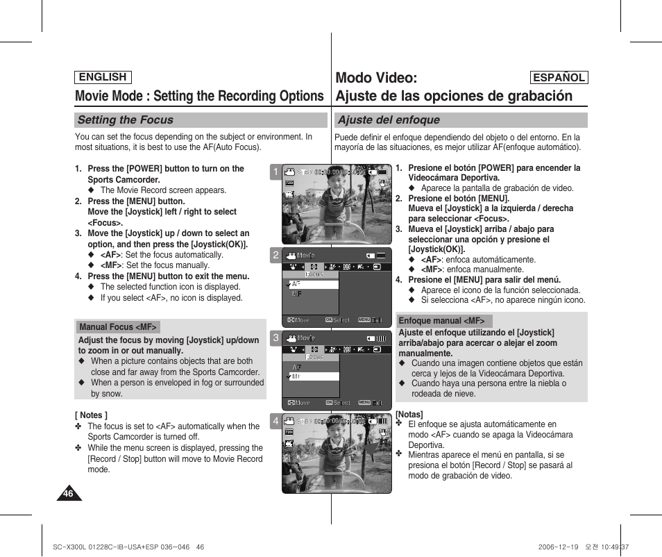 Movie mode : setting the recording options, Modo video: ajuste de las opciones de grabación, Setting the focus | Ajuste del enfoque, English español, Manual focus <mf | Samsung SC-X300L-XAA User Manual | Page 46 / 116