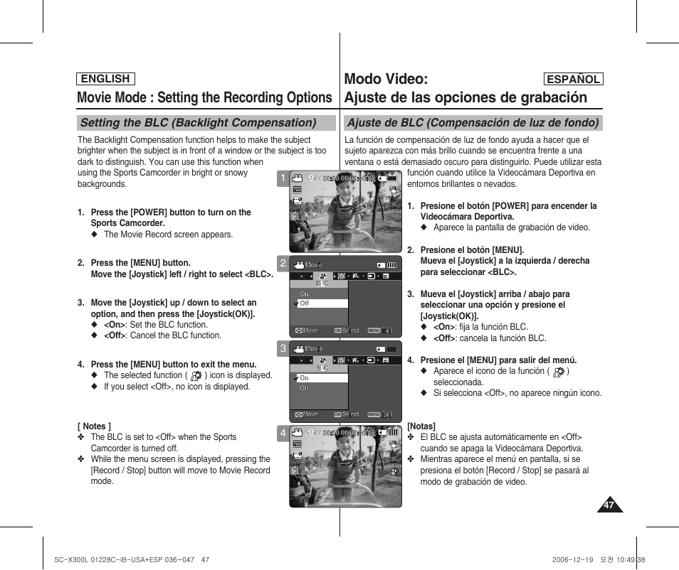 Movie mode : setting the recording options, Modo video: ajuste de las opciones de grabación, Setting the blc (backlight compensation) | Ajuste de blc (compensación de luz de fondo), English español | Samsung SC-X300L-XAA User Manual | Page 47 / 116