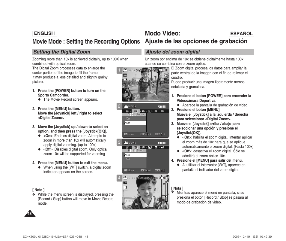 Movie mode : setting the recording options, Modo video: ajuste de las opciones de grabación, Setting the digital zoom | Ajuste del zoom digital, English español | Samsung SC-X300L-XAA User Manual | Page 48 / 116