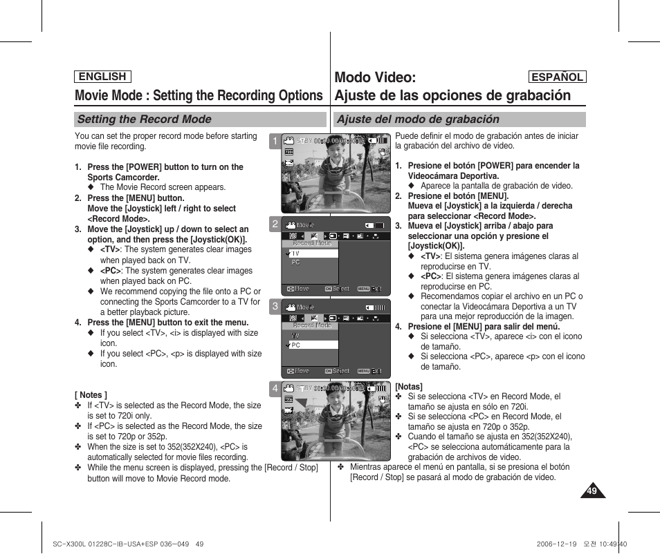 Movie mode : setting the recording options, Modo video: ajuste de las opciones de grabación, Setting the record mode | Ajuste del modo de grabación, English español | Samsung SC-X300L-XAA User Manual | Page 49 / 116