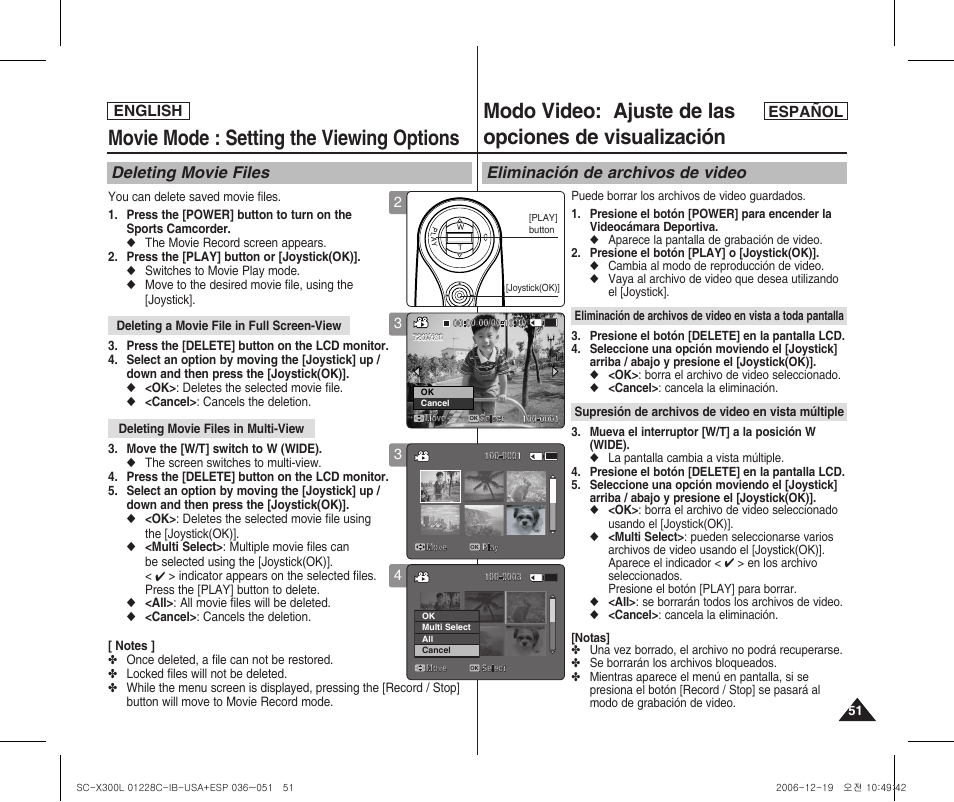 Movie mode : setting the viewing options, Deleting movie files, Eliminación de archivos de video | English español | Samsung SC-X300L-XAA User Manual | Page 51 / 116