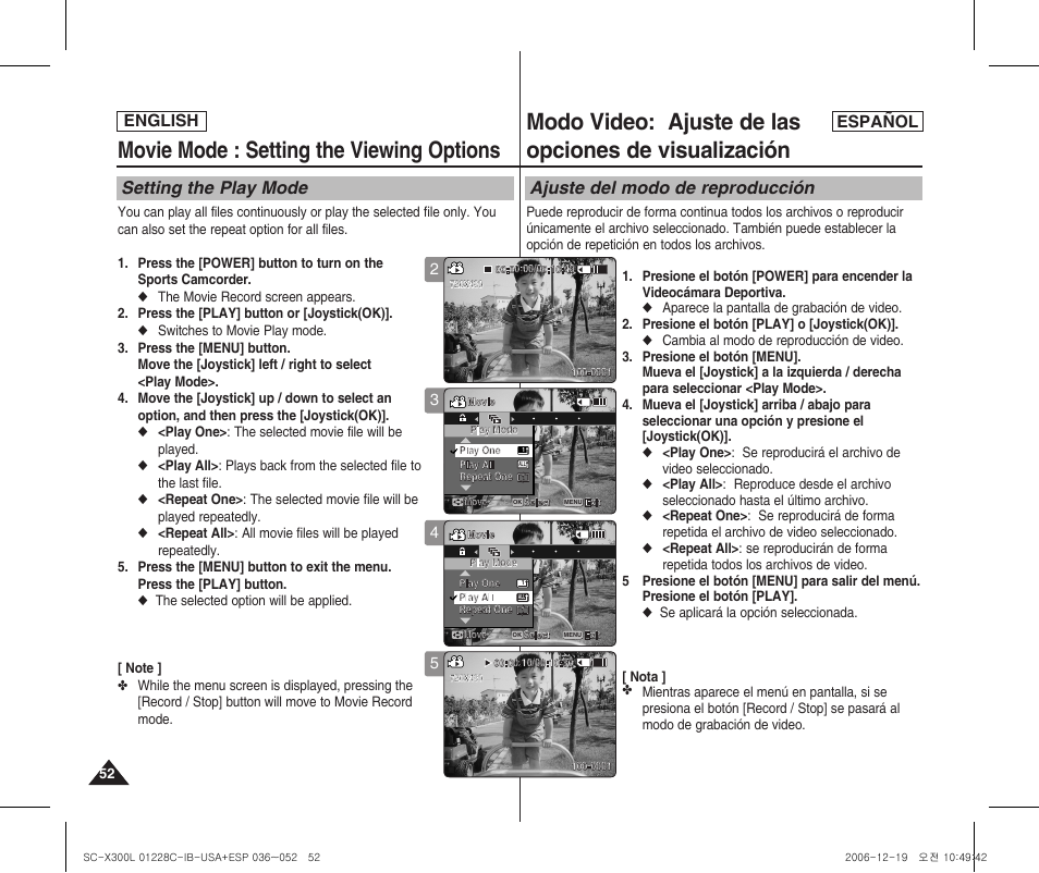 Movie mode : setting the viewing options, Setting the play mode, Ajuste del modo de reproducción | English español | Samsung SC-X300L-XAA User Manual | Page 52 / 116