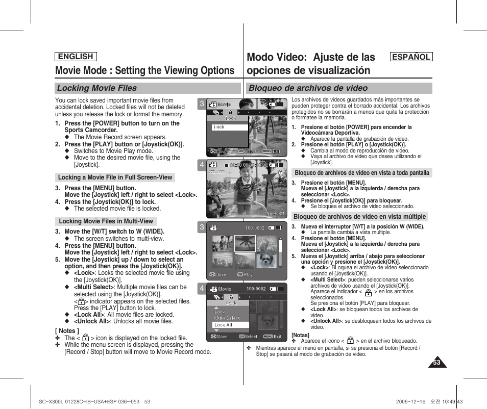 Movie mode : setting the viewing options, Locking movie files, Bloqueo de archivos de video | English español | Samsung SC-X300L-XAA User Manual | Page 53 / 116