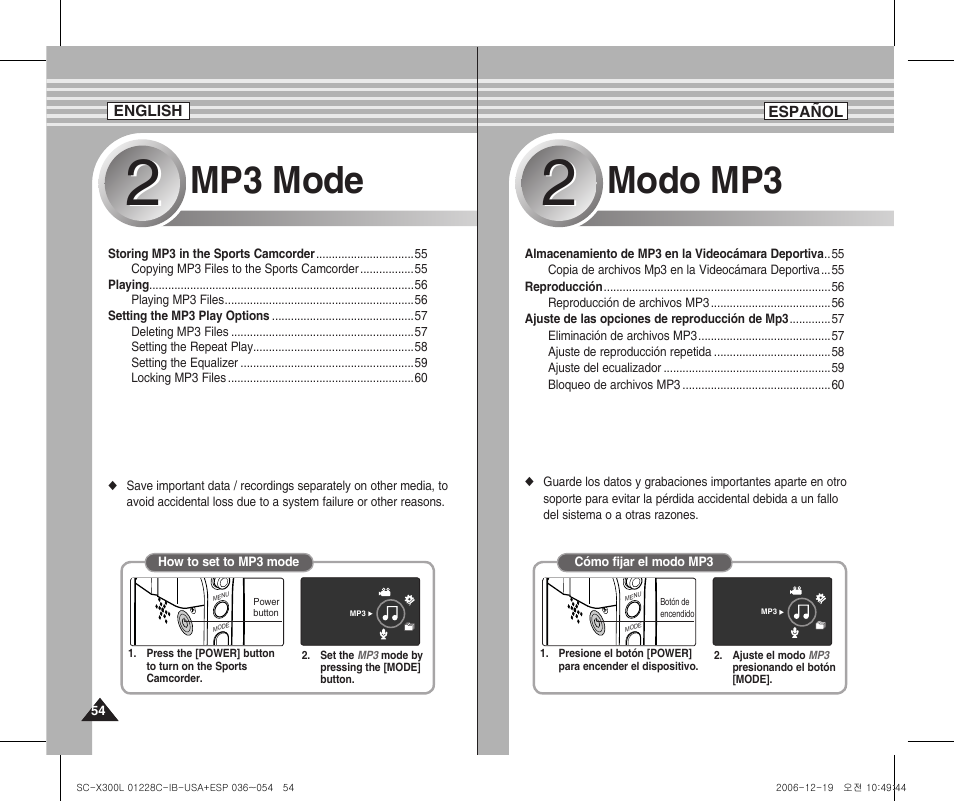 Mp3 mode, Modo mp3 | Samsung SC-X300L-XAA User Manual | Page 54 / 116