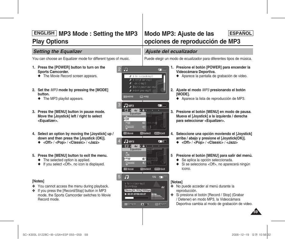 Mp3 mode : setting the mp3 play options, Setting the equalizer, Ajuste del ecualizador | English, English español | Samsung SC-X300L-XAA User Manual | Page 59 / 116