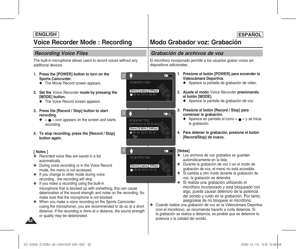 Voice recorder mode : recording, Modo grabador voz: grabación, Recording voice files | Grabación de archivos de voz | Samsung SC-X300L-XAA User Manual | Page 62 / 116