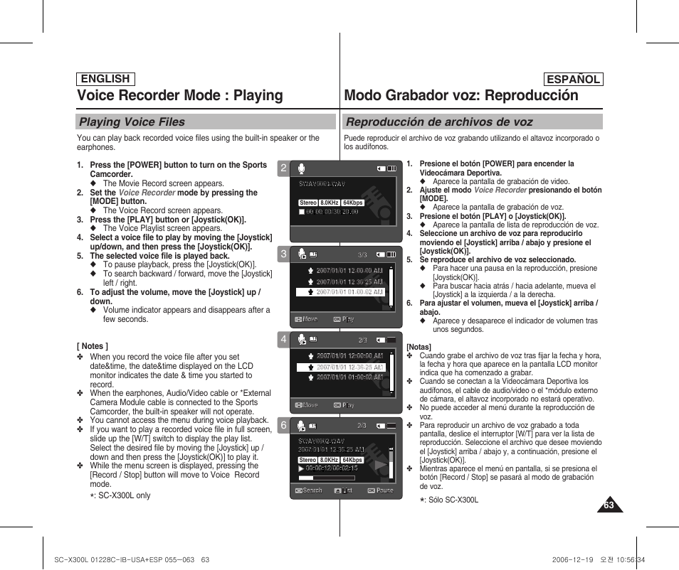 Voice recorder mode : playing, Modo grabador voz: reproducción, Playing voice files | Reproducción de archivos de voz, English, English español | Samsung SC-X300L-XAA User Manual | Page 63 / 116