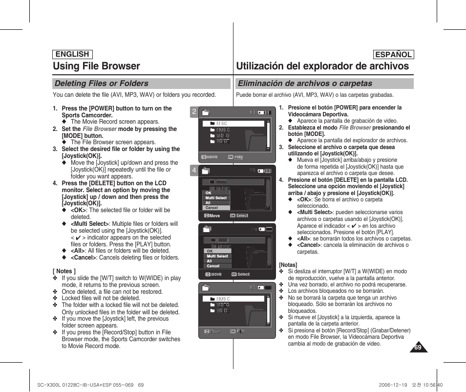 Using file browser, Utilización del explorador de archivos, Deleting files or folders | Eliminación de archivos o carpetas, English, English español | Samsung SC-X300L-XAA User Manual | Page 69 / 116