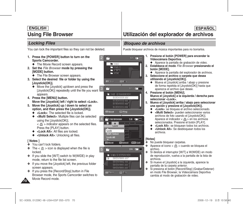 Using file browser, Utilización del explorador de archivos, Locking files | Bloqueo de archivos, English español | Samsung SC-X300L-XAA User Manual | Page 70 / 116