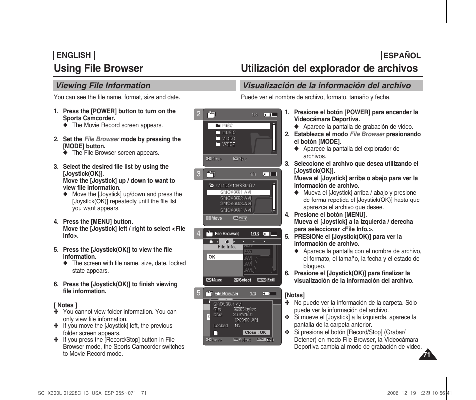 Using file browser, Utilización del explorador de archivos, Viewing file information | Visualización de la información del archivo, English, English español | Samsung SC-X300L-XAA User Manual | Page 71 / 116