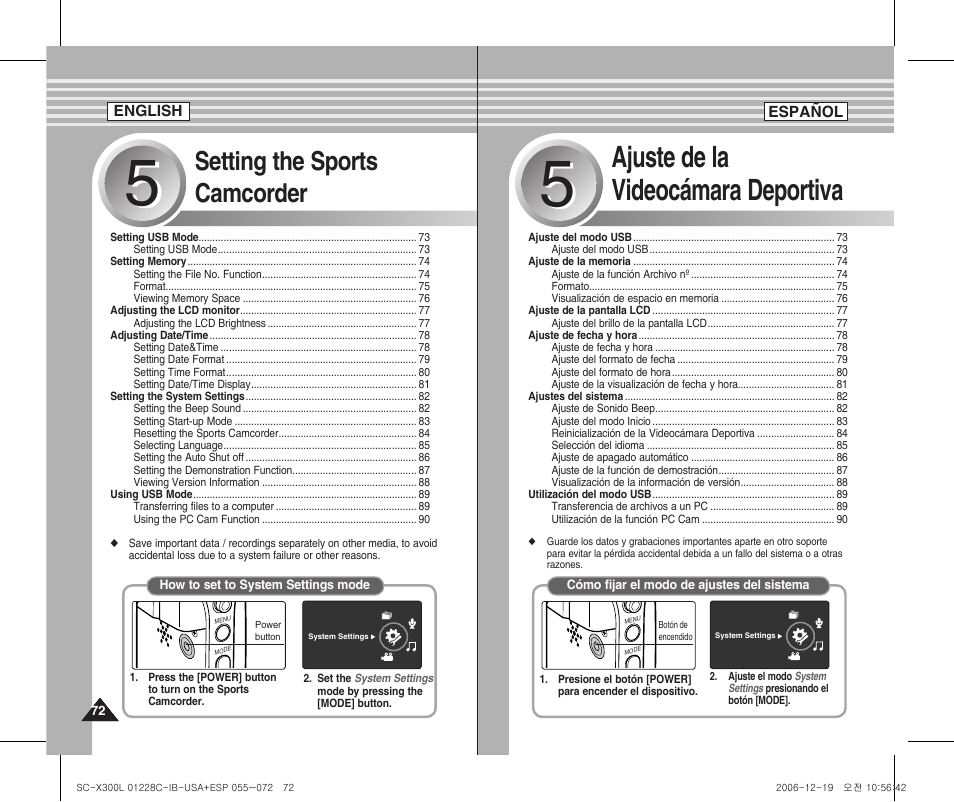 Ajuste de la videocámara deportiva, Setting the sports camcorder | Samsung SC-X300L-XAA User Manual | Page 72 / 116