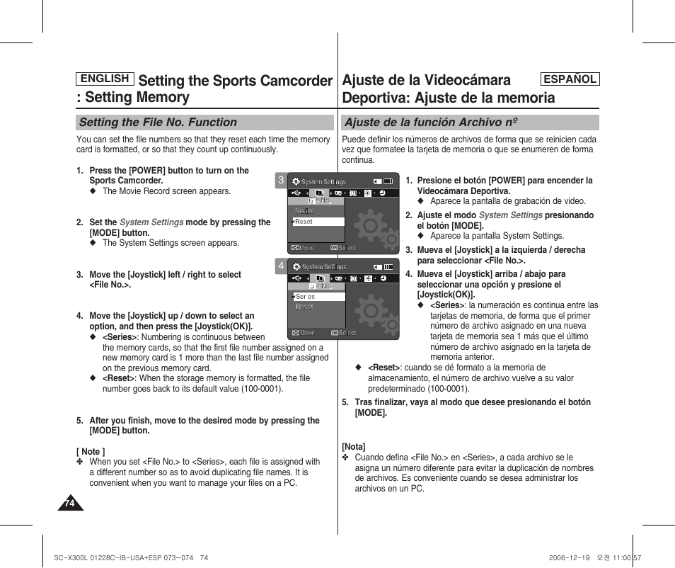 Setting the file no. function, Ajuste de la función archivo nº | Samsung SC-X300L-XAA User Manual | Page 74 / 116