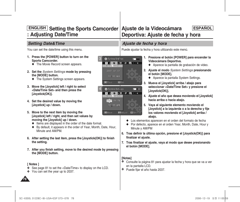 Setting the sports camcorder : adjusting date/time, Setting date&time, Ajuste de fecha y hora | English español | Samsung SC-X300L-XAA User Manual | Page 78 / 116