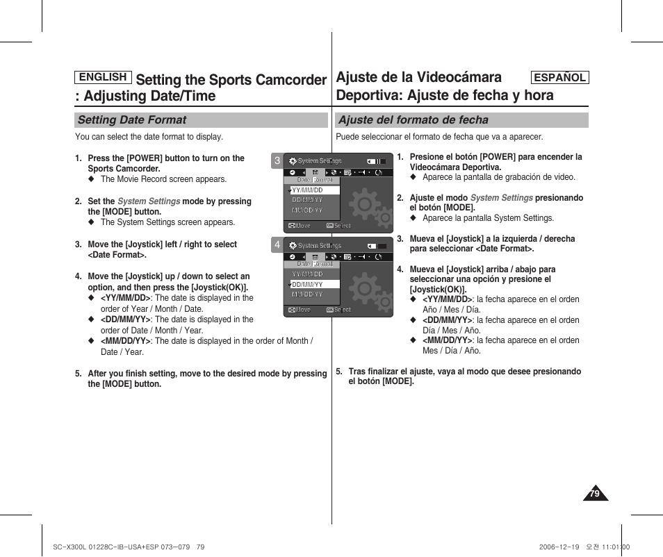 Setting the sports camcorder : adjusting date/time, Setting date format, Ajuste del formato de fecha | English español | Samsung SC-X300L-XAA User Manual | Page 79 / 116