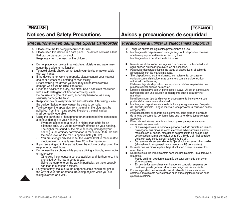 Notices and safety precautions, Avisos y precauciones de seguridad, Precautions when using the sports camcorder | Precauciones al utilizar la videocámara deportiva, English español | Samsung SC-X300L-XAA User Manual | Page 8 / 116