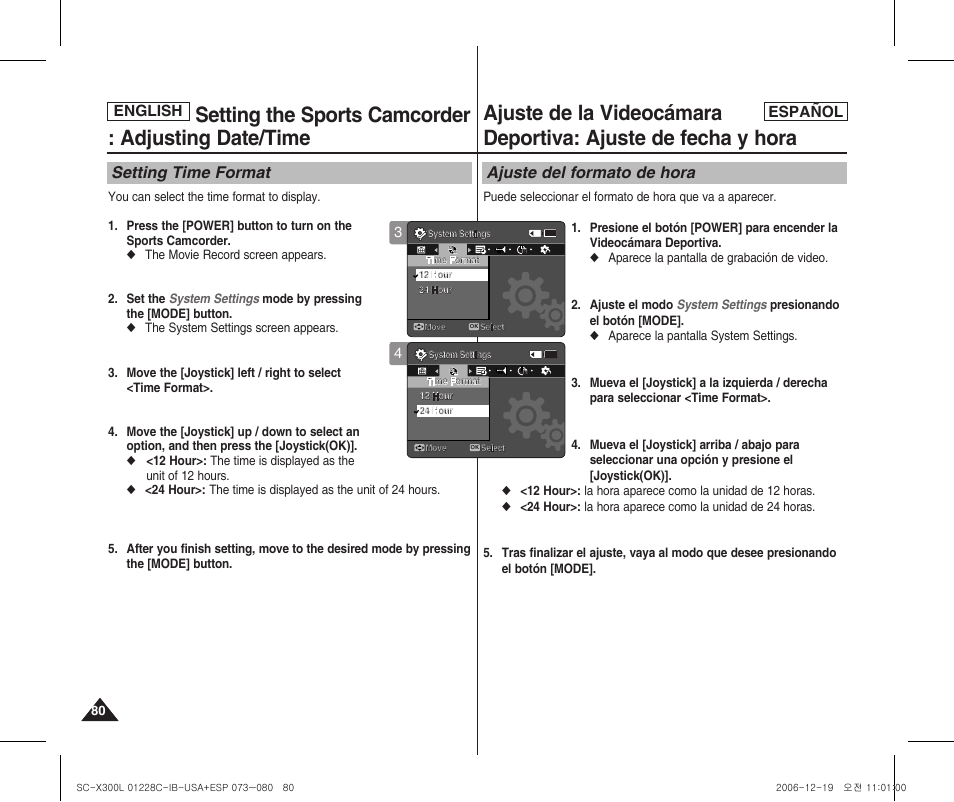 Setting the sports camcorder : adjusting date/time, Setting time format, Ajuste del formato de hora | English español | Samsung SC-X300L-XAA User Manual | Page 80 / 116