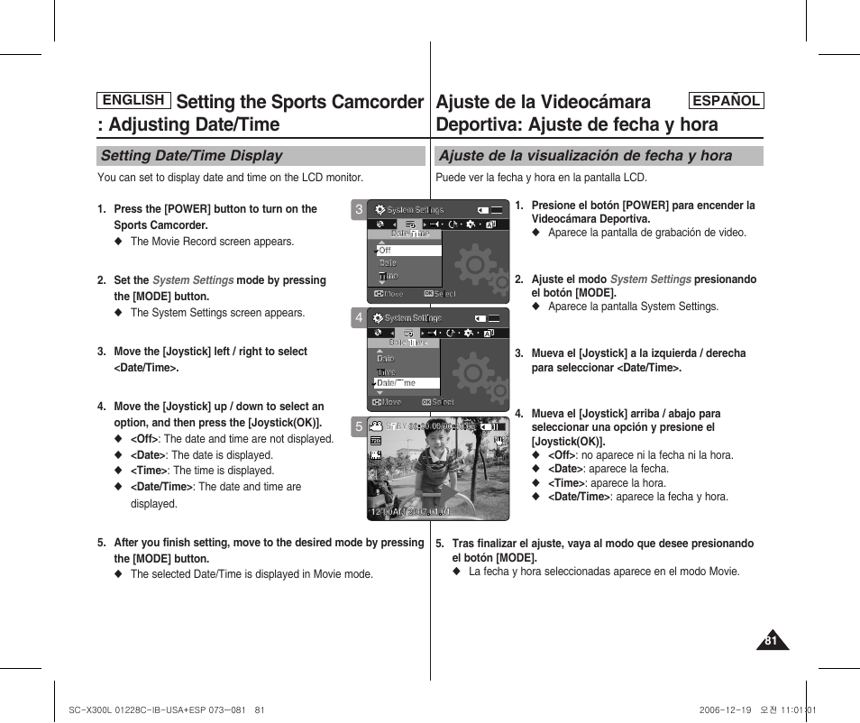 Setting the sports camcorder : adjusting date/time, Setting date/time display, Ajuste de la visualización de fecha y hora | English español | Samsung SC-X300L-XAA User Manual | Page 81 / 116